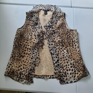 90s Silkland Blouse Womens Medium Brown Leopard Silk Ruffle Sleeveless Top